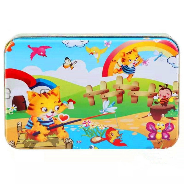 60Pieces Wooden Puzzle Kid Toy Cartoon Animal Wood Jigsaw Puzzle Child Early Educational Learning Toy  Christmas Gift+ Iron Box