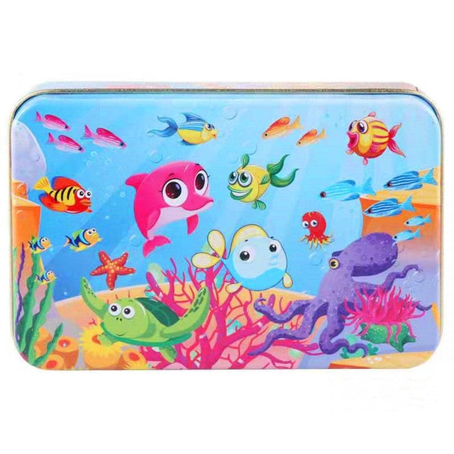 60Pieces Wooden Puzzle Kid Toy Cartoon Animal Wood Jigsaw Puzzle Child Early Educational Learning Toy  Christmas Gift+ Iron Box