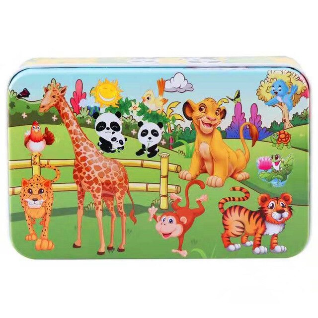 60Pieces Wooden Puzzle Kid Toy Cartoon Animal Wood Jigsaw Puzzle Child Early Educational Learning Toy  Christmas Gift+ Iron Box