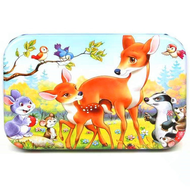 60Pieces Wooden Puzzle Kid Toy Cartoon Animal Wood Jigsaw Puzzle Child Early Educational Learning Toy  Christmas Gift+ Iron Box
