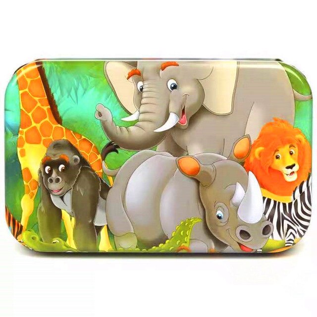 60Pieces Wooden Puzzle Kid Toy Cartoon Animal Wood Jigsaw Puzzle Child Early Educational Learning Toy  Christmas Gift+ Iron Box