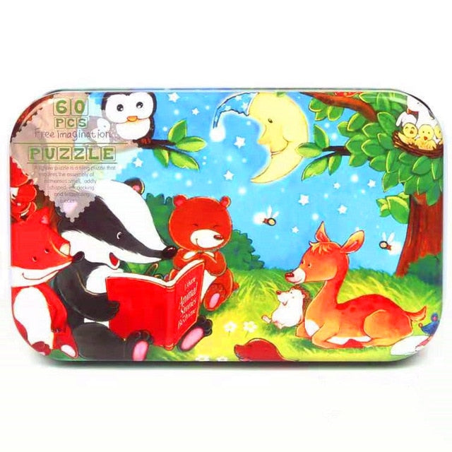 60Pieces Wooden Puzzle Kid Toy Cartoon Animal Wood Jigsaw Puzzle Child Early Educational Learning Toy  Christmas Gift+ Iron Box