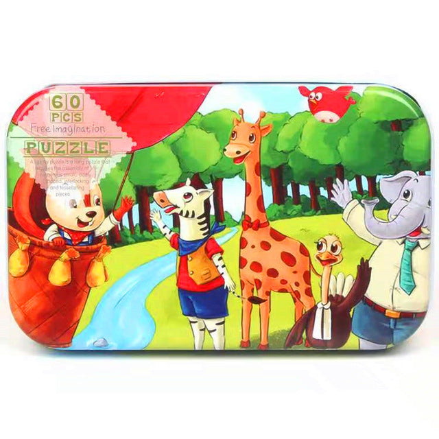 60Pieces Wooden Puzzle Kid Toy Cartoon Animal Wood Jigsaw Puzzle Child Early Educational Learning Toy  Christmas Gift+ Iron Box