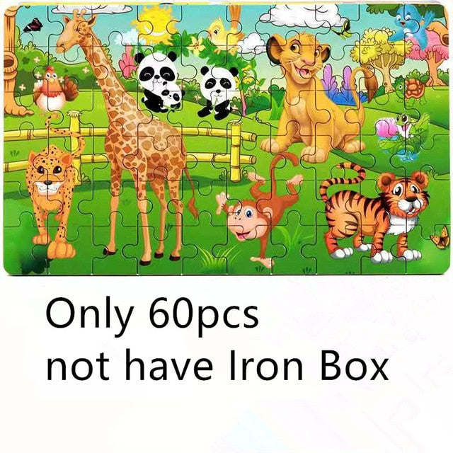 60Pieces Wooden Puzzle Kid Toy Cartoon Animal Wood Jigsaw Puzzle Child Early Educational Learning Toy  Christmas Gift+ Iron Box