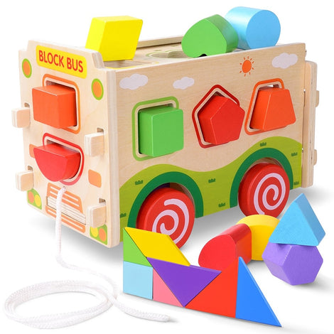 Wooden Shape Sorter Bus with Tangram Classic 3D Push Pull Truck Toy for Toddlers and Baby Color Recognition and Geometry Learnin