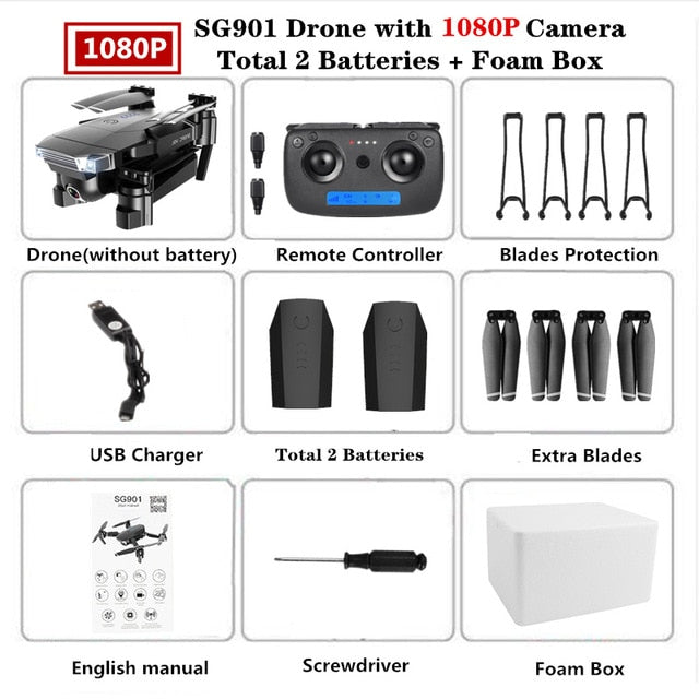 Foldable Quadcopter SG901 RC Drone 4K with 1080P WiFi HD Dual Camera Follow Me Quadrocopter Smart Module Battery Helicopter Toy