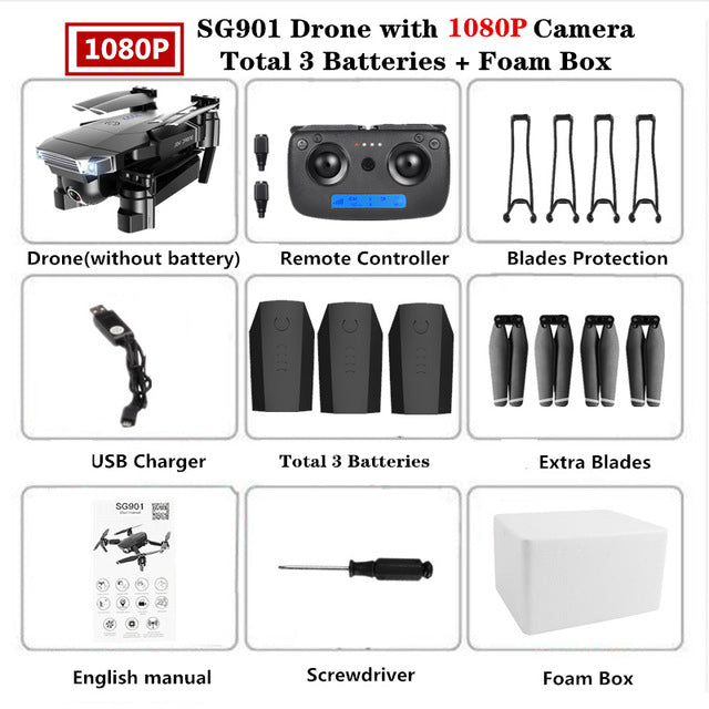 Foldable Quadcopter SG901 RC Drone 4K with 1080P WiFi HD Dual Camera Follow Me Quadrocopter Smart Module Battery Helicopter Toy