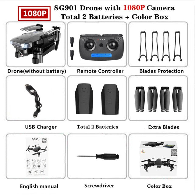 Foldable Quadcopter SG901 RC Drone 4K with 1080P WiFi HD Dual Camera Follow Me Quadrocopter Smart Module Battery Helicopter Toy
