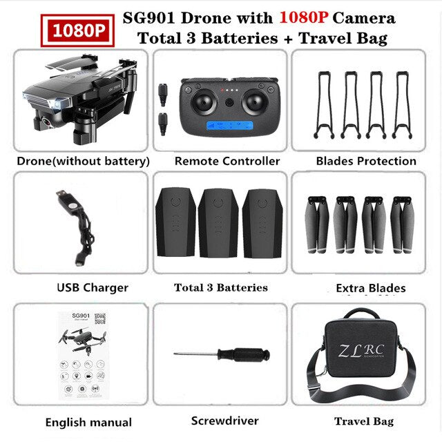 Foldable Quadcopter SG901 RC Drone 4K with 1080P WiFi HD Dual Camera Follow Me Quadrocopter Smart Module Battery Helicopter Toy
