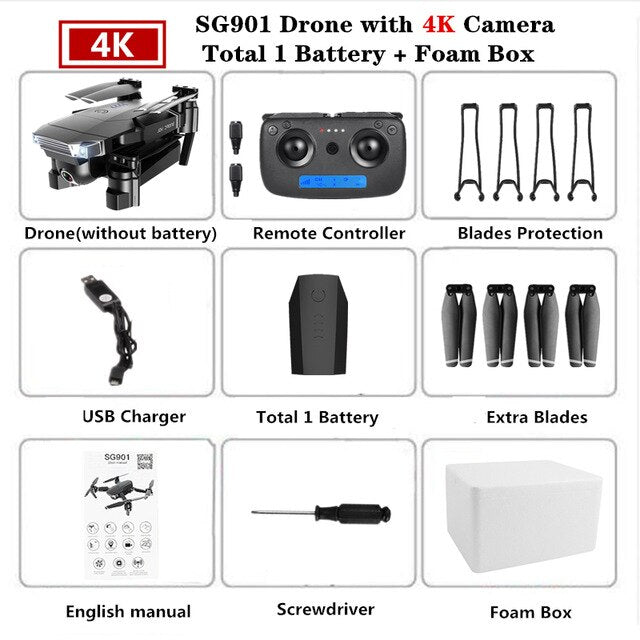 Foldable Quadcopter SG901 RC Drone 4K with 1080P WiFi HD Dual Camera Follow Me Quadrocopter Smart Module Battery Helicopter Toy