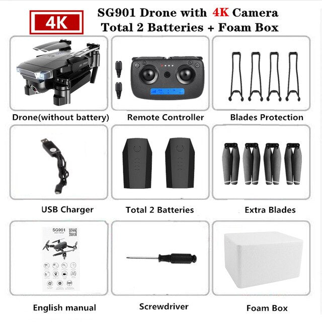 Foldable Quadcopter SG901 RC Drone 4K with 1080P WiFi HD Dual Camera Follow Me Quadrocopter Smart Module Battery Helicopter Toy