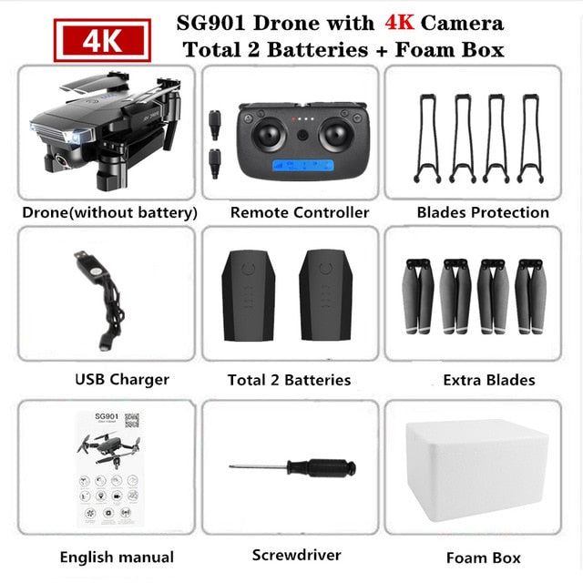 Foldable Quadcopter SG901 RC Drone 4K with 1080P WiFi HD Dual Camera Follow Me Quadrocopter Smart Module Battery Helicopter Toy