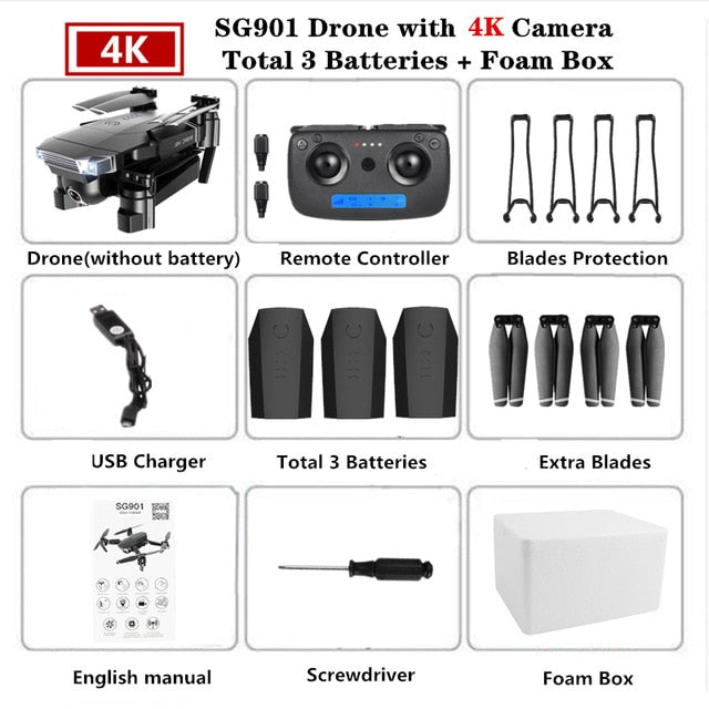 Foldable Quadcopter SG901 RC Drone 4K with 1080P WiFi HD Dual Camera Follow Me Quadrocopter Smart Module Battery Helicopter Toy