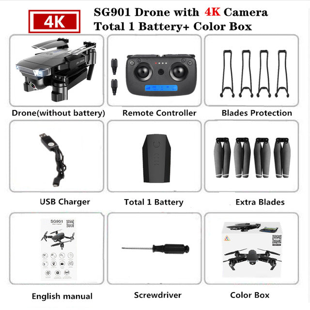 Foldable Quadcopter SG901 RC Drone 4K with 1080P WiFi HD Dual Camera Follow Me Quadrocopter Smart Module Battery Helicopter Toy