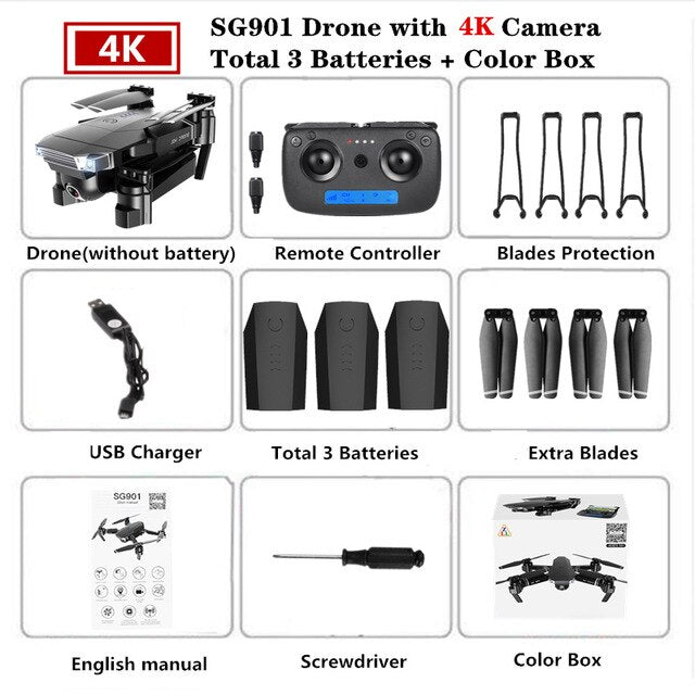 Foldable Quadcopter SG901 RC Drone 4K with 1080P WiFi HD Dual Camera Follow Me Quadrocopter Smart Module Battery Helicopter Toy
