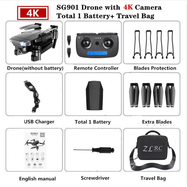 Foldable Quadcopter SG901 RC Drone 4K with 1080P WiFi HD Dual Camera Follow Me Quadrocopter Smart Module Battery Helicopter Toy