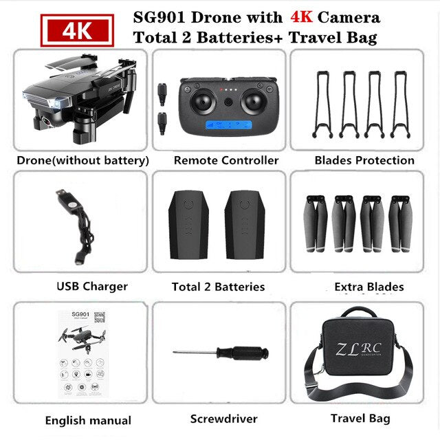 Foldable Quadcopter SG901 RC Drone 4K with 1080P WiFi HD Dual Camera Follow Me Quadrocopter Smart Module Battery Helicopter Toy