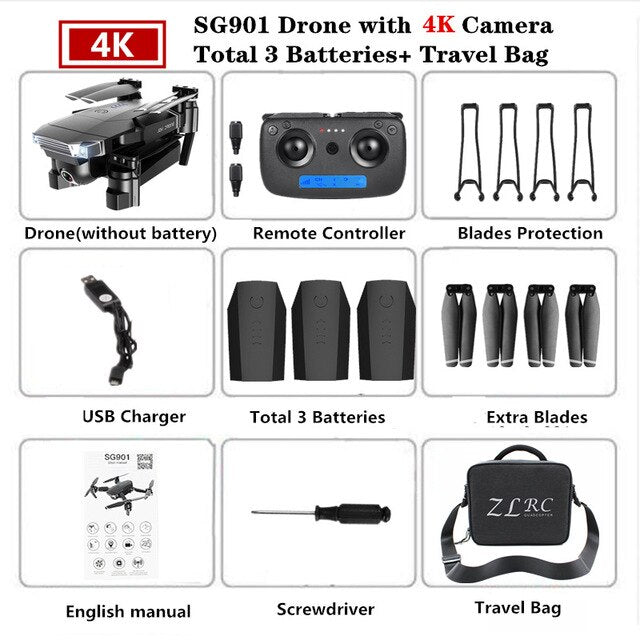 Foldable Quadcopter SG901 RC Drone 4K with 1080P WiFi HD Dual Camera Follow Me Quadrocopter Smart Module Battery Helicopter Toy